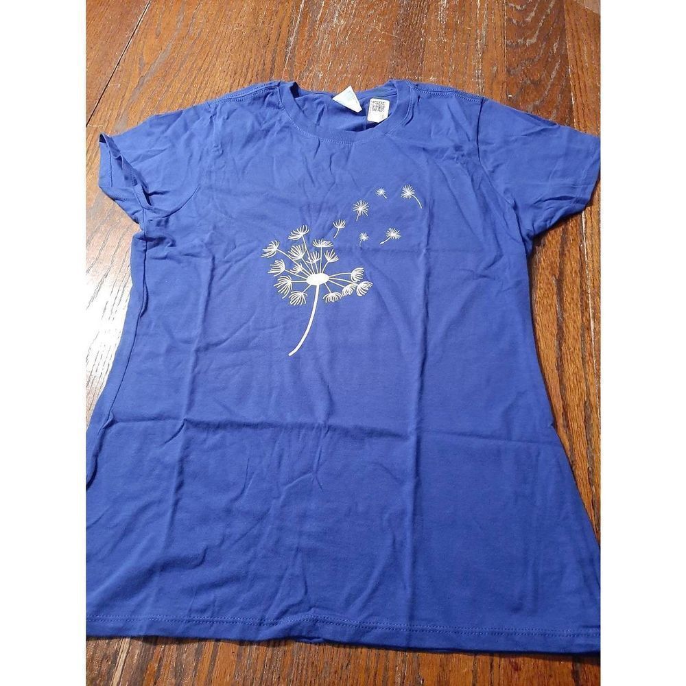 New Medium Port & Company Blue White Dandoline Short Sleeve Crew Neck Tee TShirt